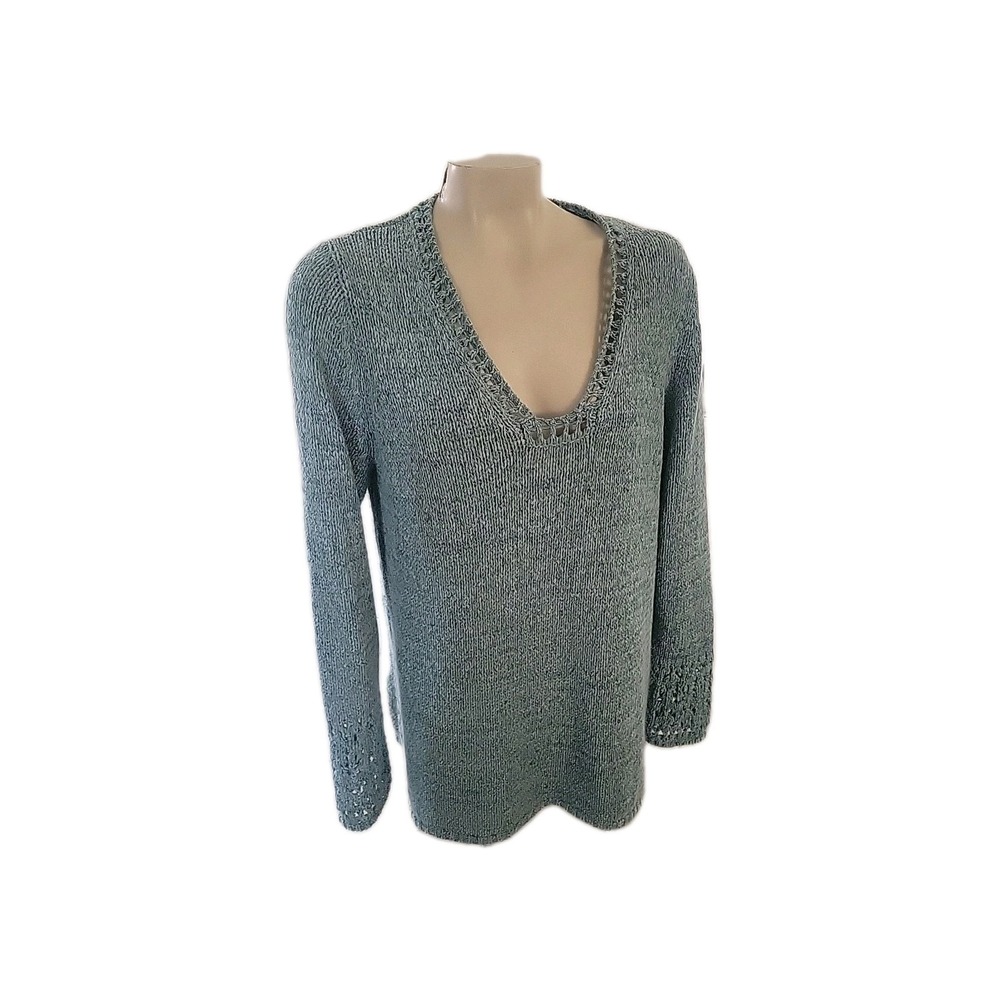 CHICOS 3 (XL) Green stretchy Long Sleeve Top Sweater Pullover Crochet Tight Knit